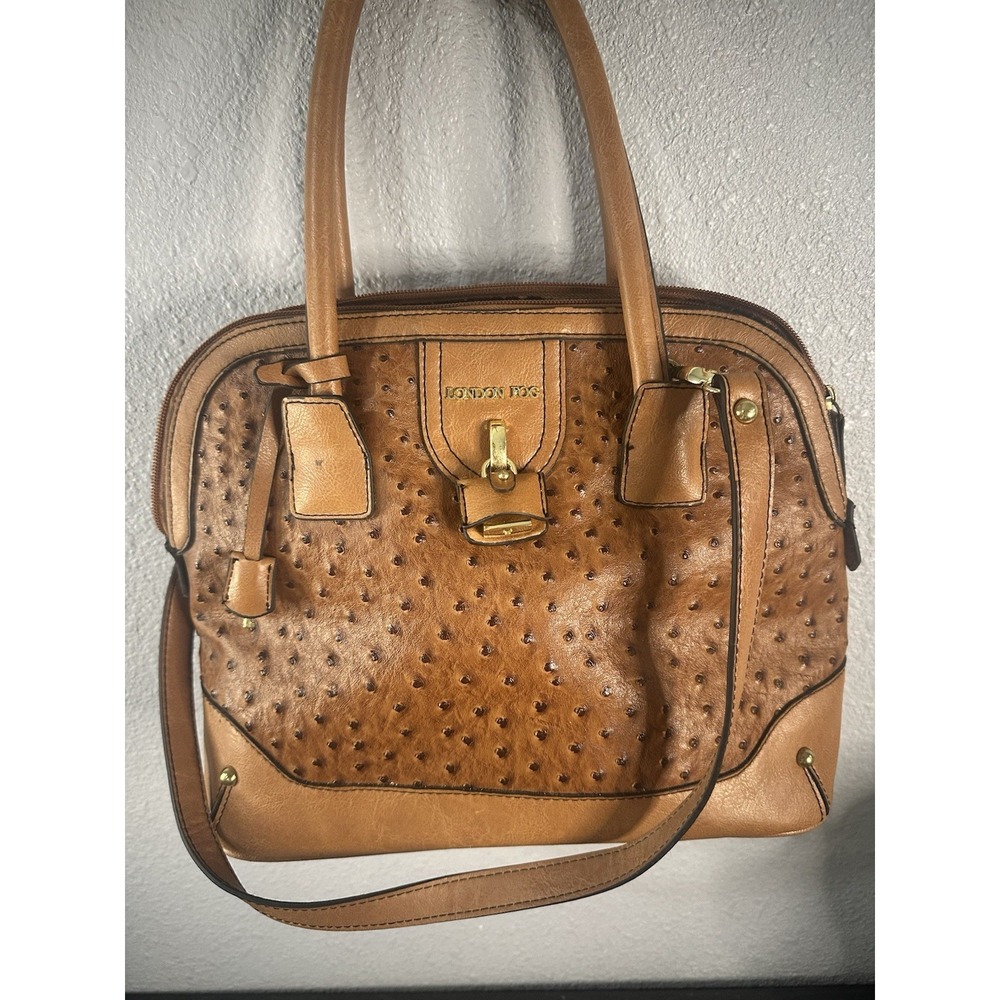 WOMEN'S LONDON FOG FAUX LEATHER OSTRICH PATTERN HANDBAG PURSE KEY LOCK‎  14x9